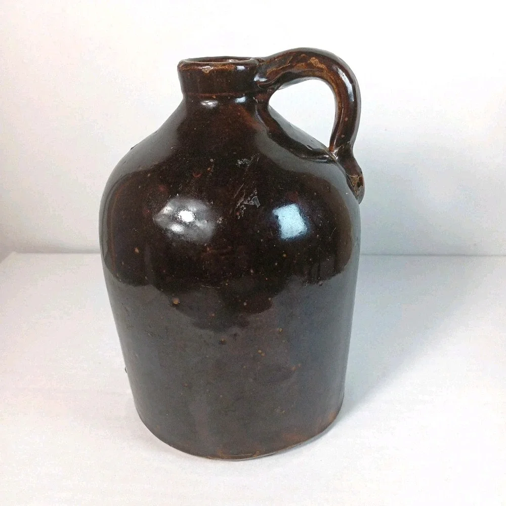 Antique Brown Stoneware Pottery Glazed Whiskey Milk Beehive Jug W/Handle 6.5x5